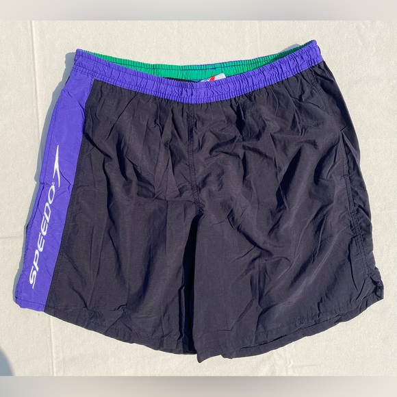 Vintage 90s Y2K  Speedo Black and Purple Swim Shorts Faded - Picture 1 of 6